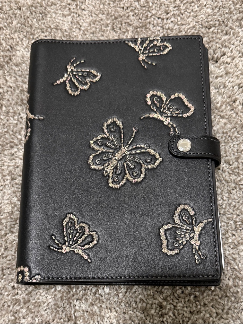 Coach Black Leather Butterfly Embroidered Notebook w/Spiral Notebook